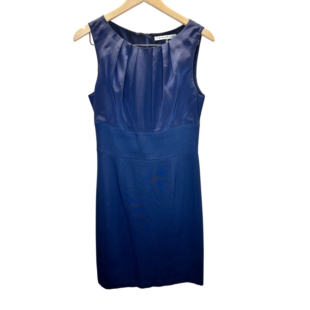 Trina Turk Sheath Dress Womens Size 6 Navy Silk Contrast Pleated Cocktail